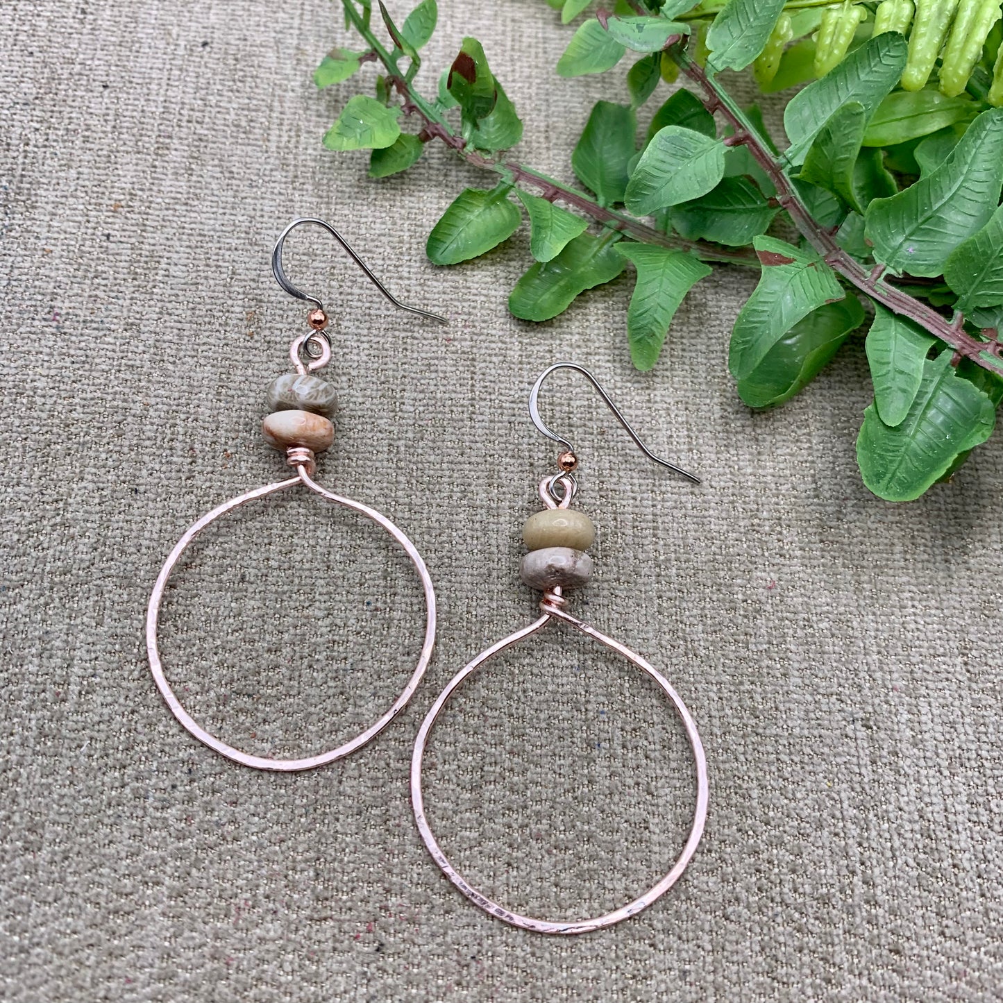 Rose Gold Hammered Hoop Earrings with Fossilized Coral