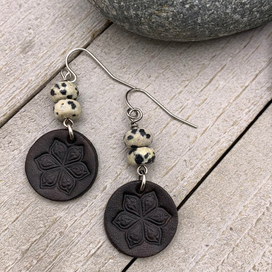 Small Leather Coin Earrings in Black with Dalmatian Jasper