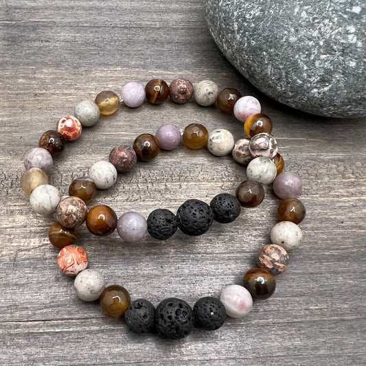 natural gemstone and lava stone stretch bracelet for men or women