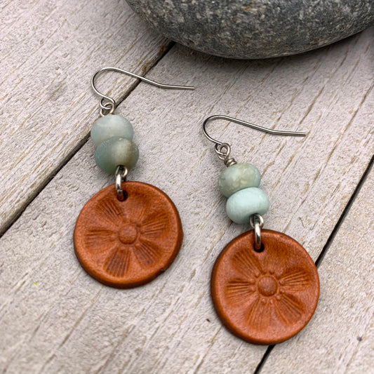 small leather circle earrings with amazonite