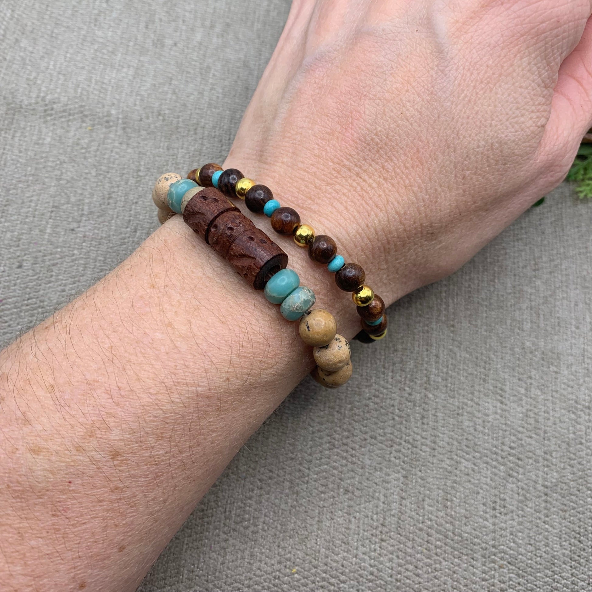 wood and jasper beaded bracelet set