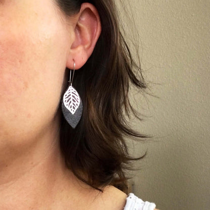 Leather Petal and Leaf Dangle Earrings in Rustic Brown