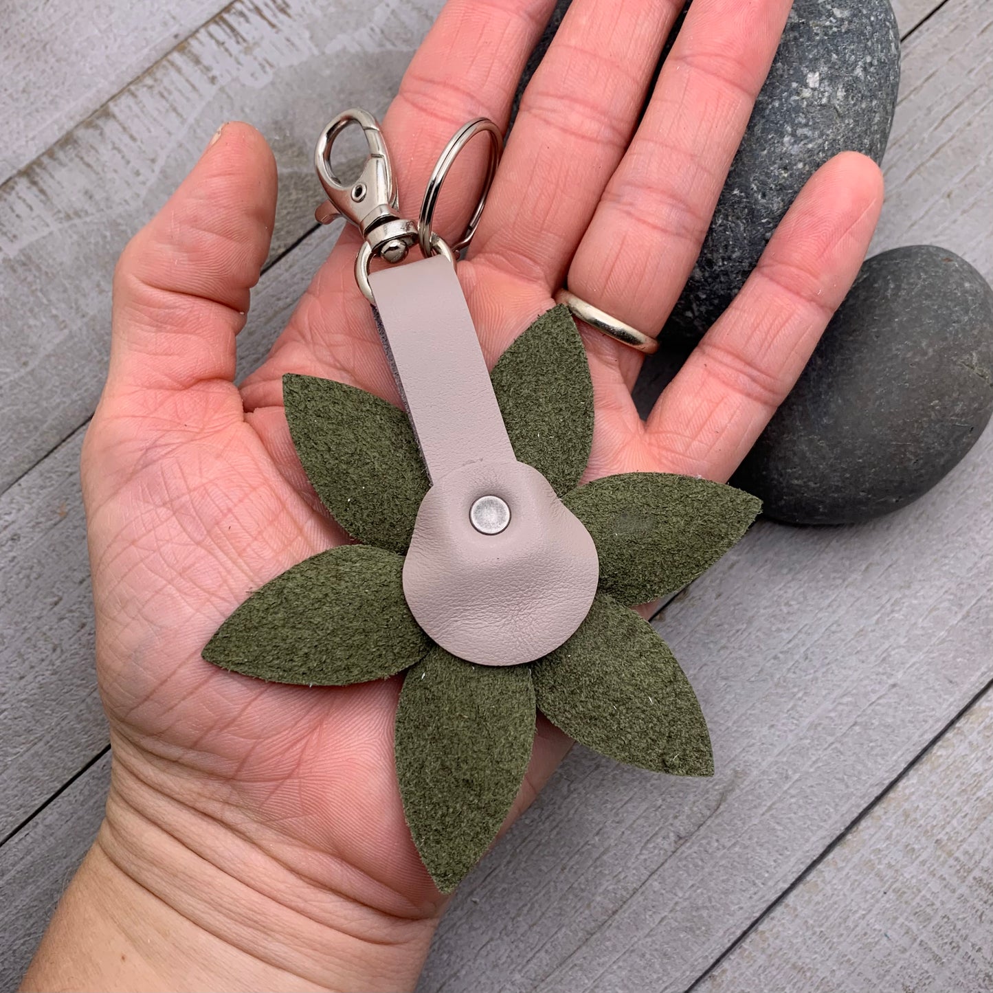 Leather Flower Bag Charm - Green, Brown and Black
