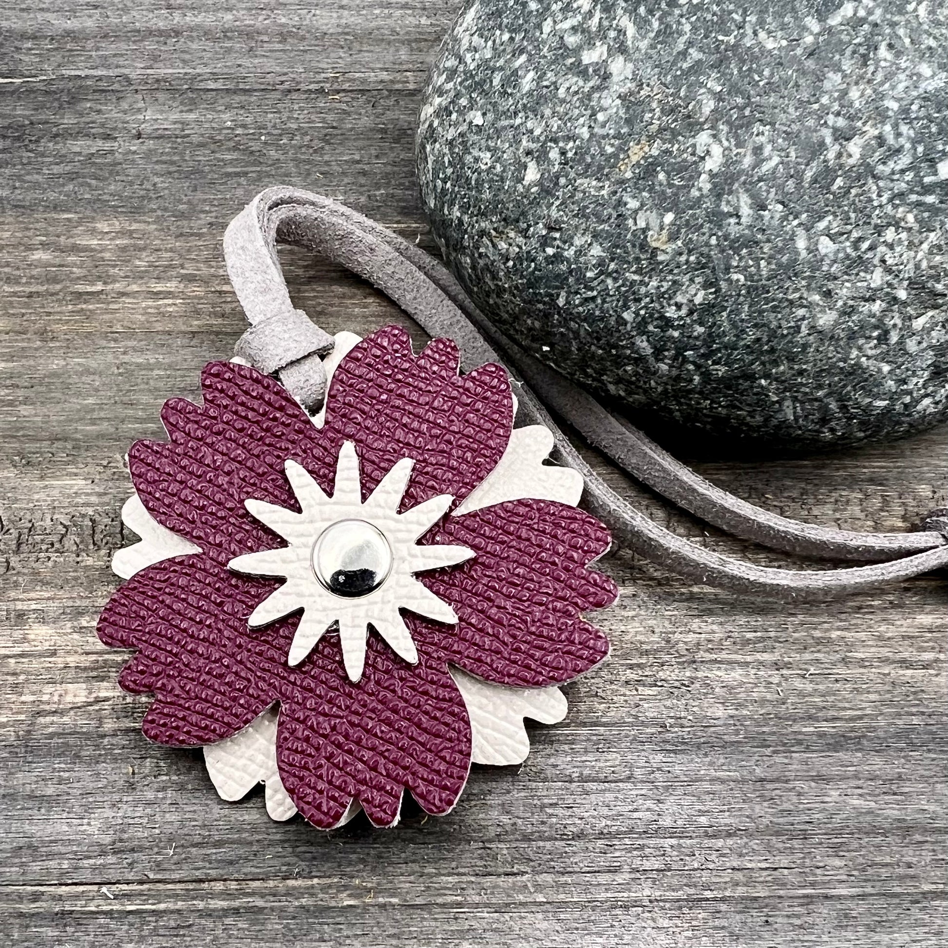 pink and white leather flower purse charm