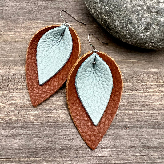 Layered Leather Leaf Earrings - Minty Blue on Warm Brown