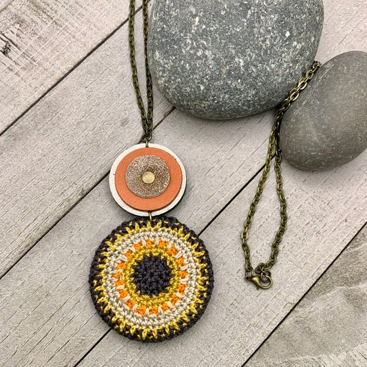 Geometric Crochet and Leather Pendant Necklace