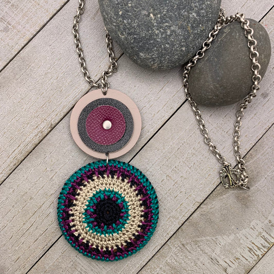 leather circles with crocheted pendant necklace