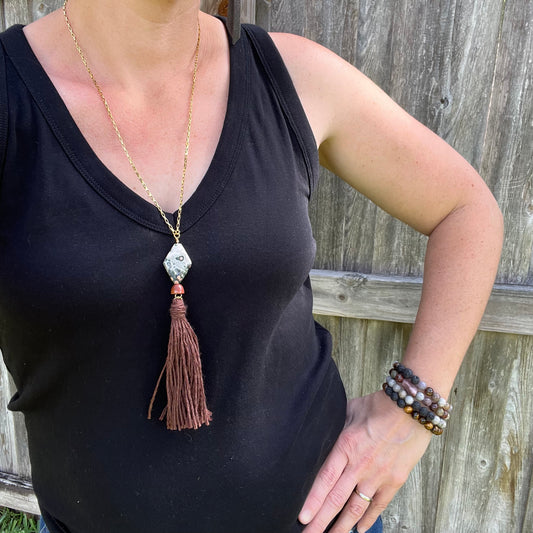 agate and cotton tassel boho necklace