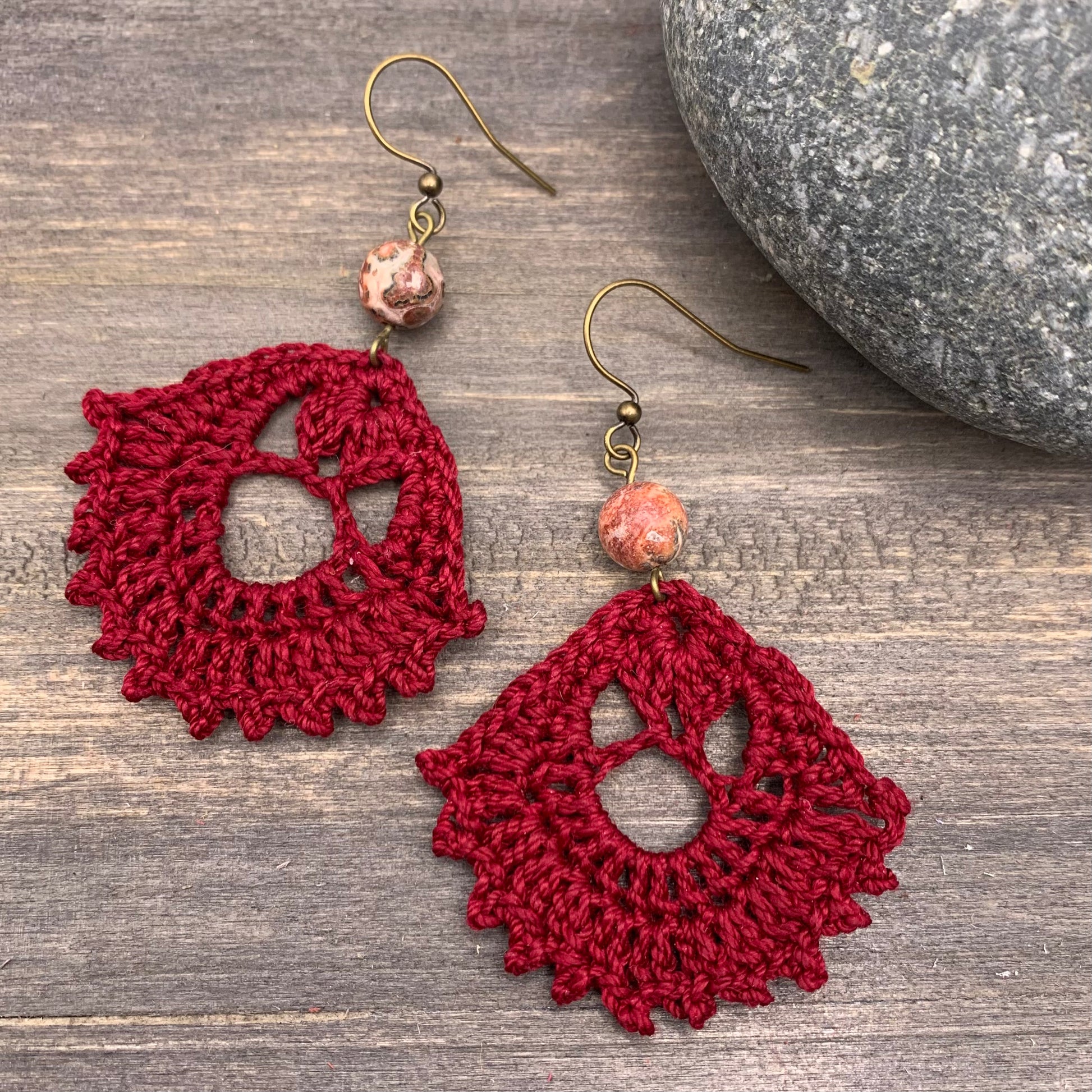 burgundy red crocheted earrings with jasper 
