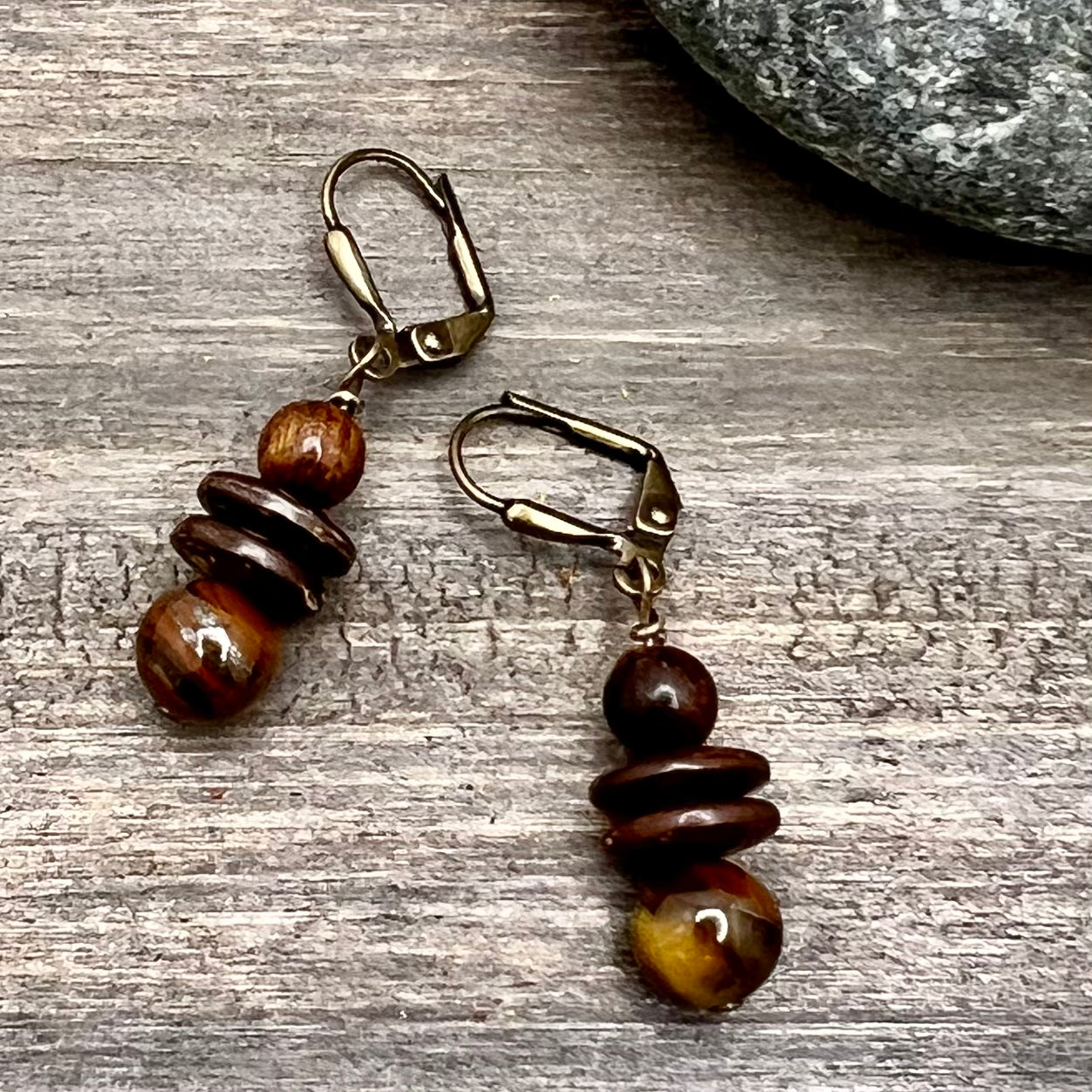 tigerseye and wood bead dangle earrings