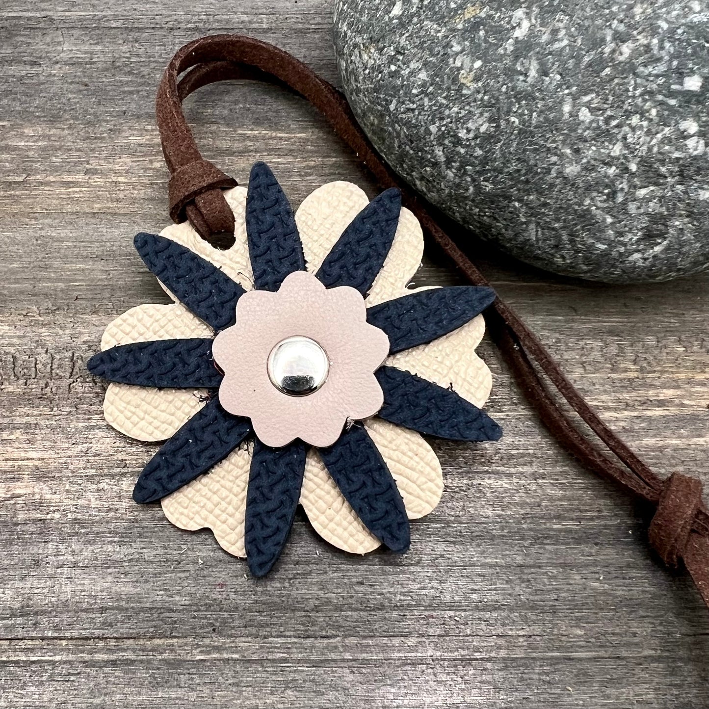 navy and beige small leather purse charm