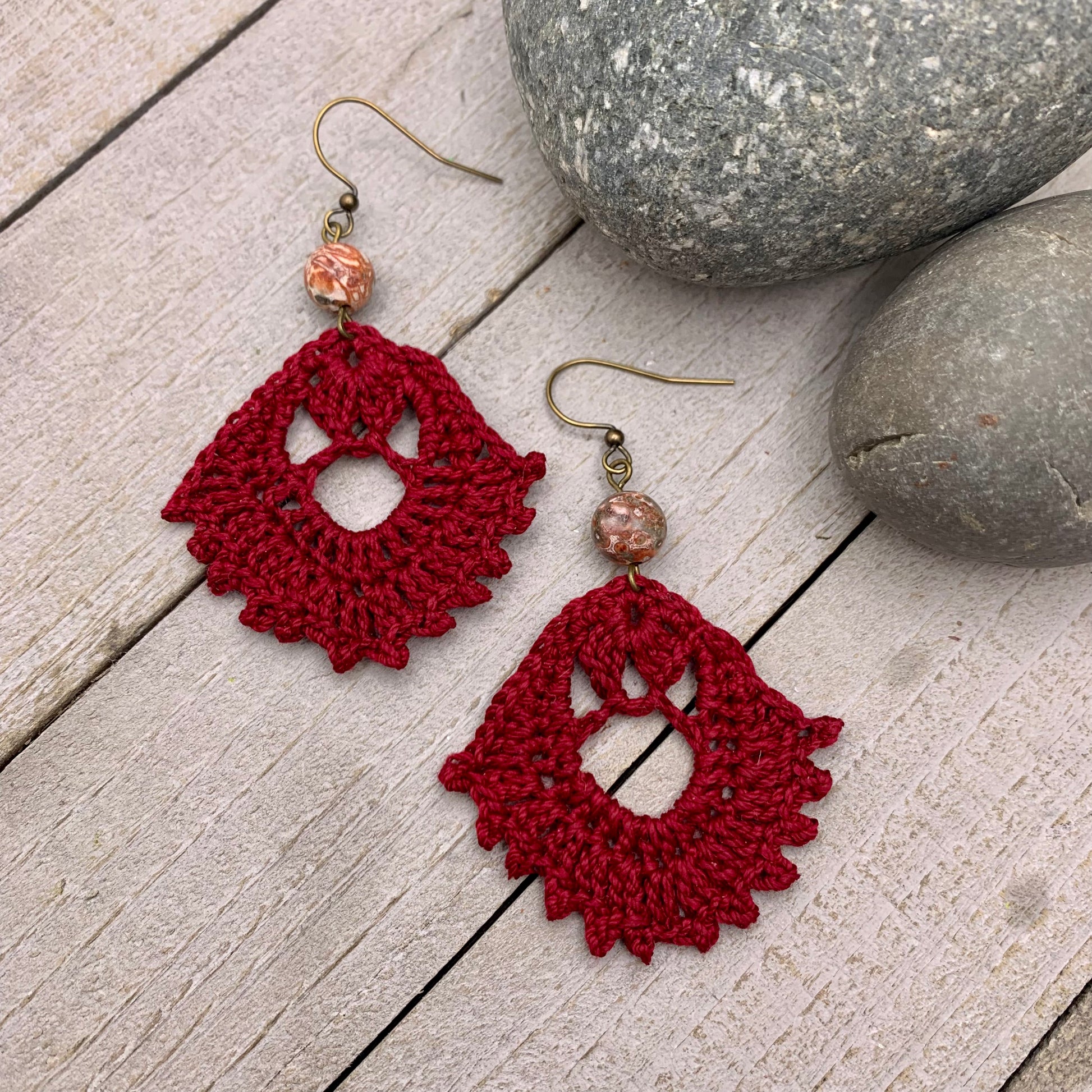 burgundy red crocheted earrings with jasper beads