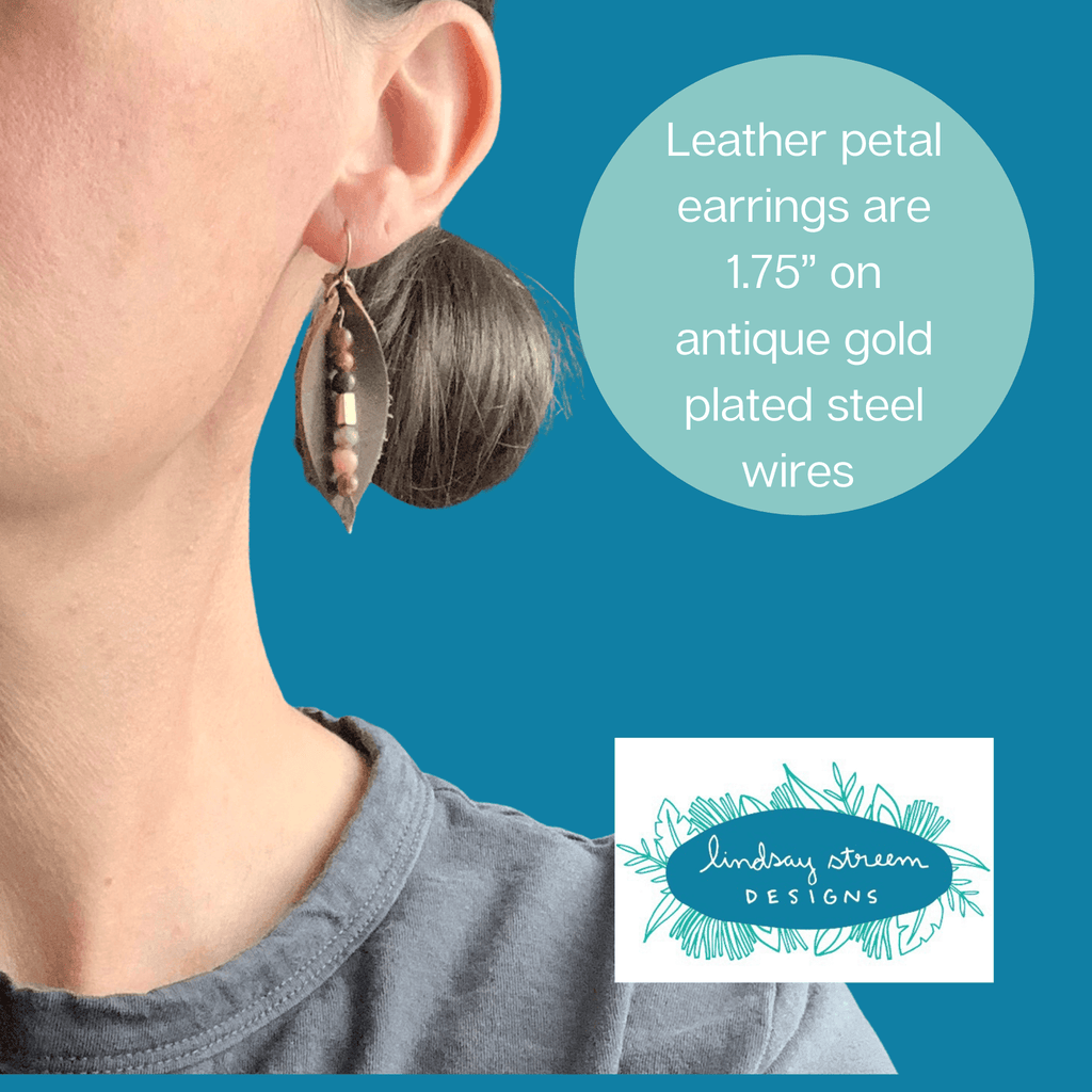 Leather Petal Earrings - Deep Purple with Jasper Dangles