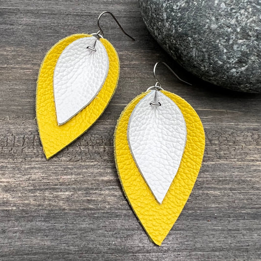 Layered Leather Leaf Earrings - Yellow and White