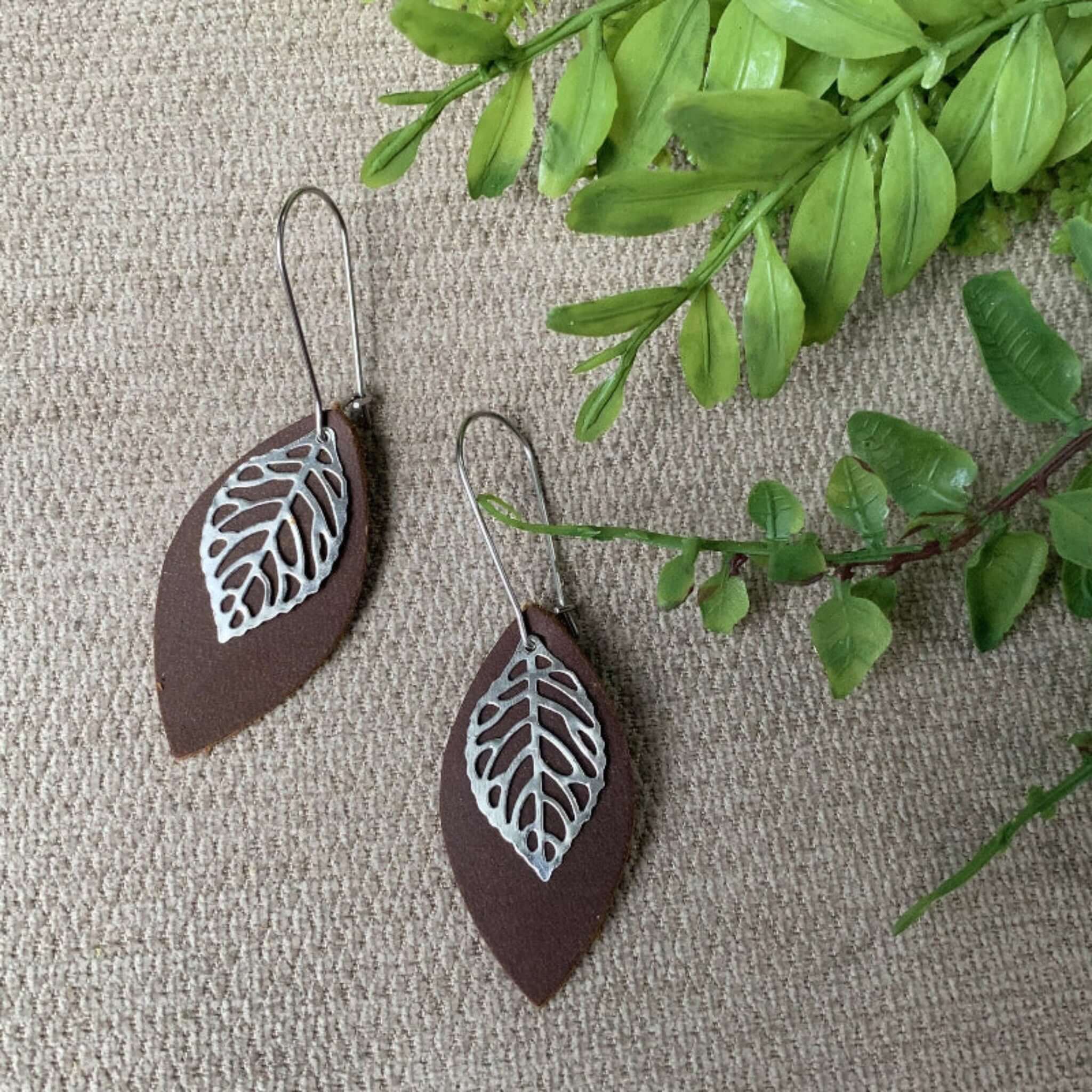 Leather Petal and Leaf Dangle Earrings in Rustic Brown