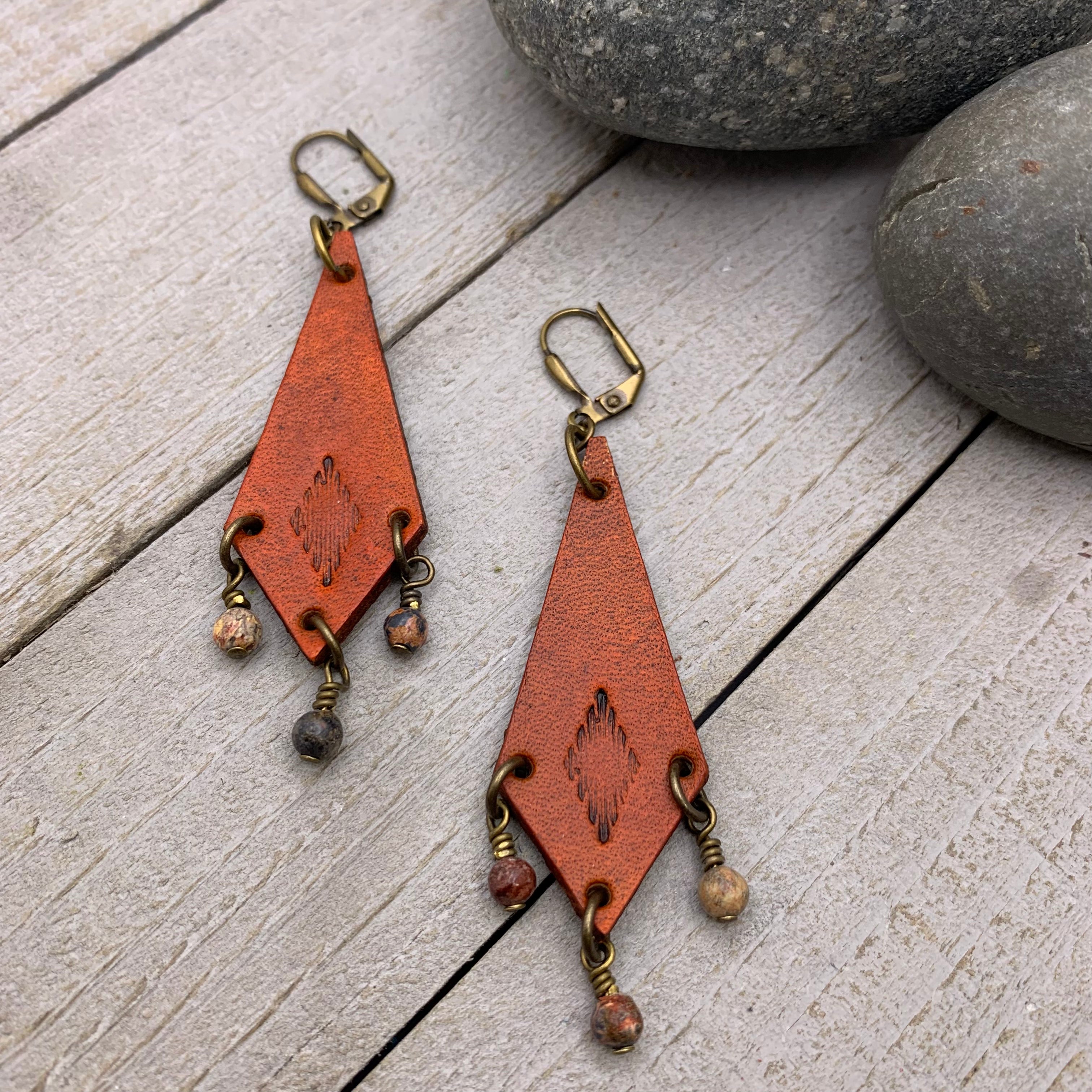 Western Style Leather Chandelier Earrings with Leopard Jasper