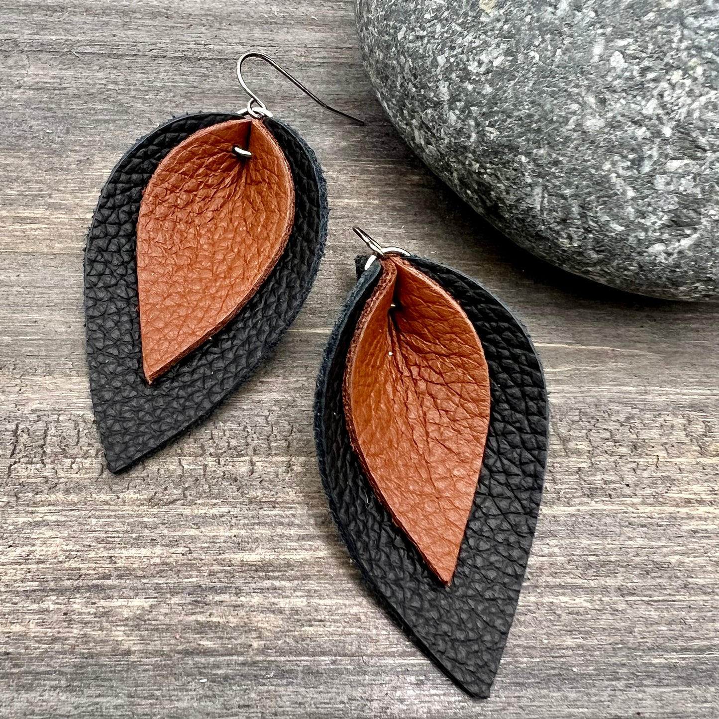 Layered Leather Leaf Earrings- Warm Brown on Black