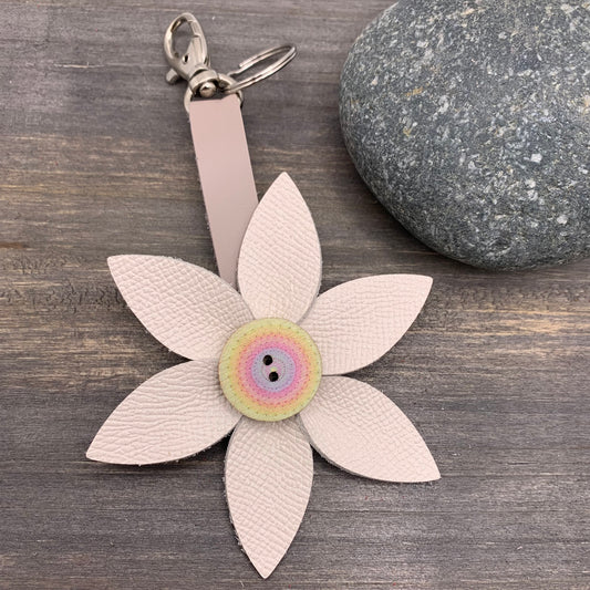 white flower leather purse charm