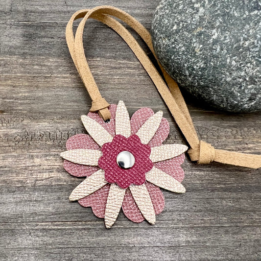small pink and rose gold leather flower charm for purse