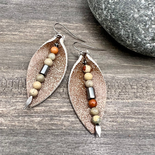 brown leather earrings with aqua terra jasper dangle