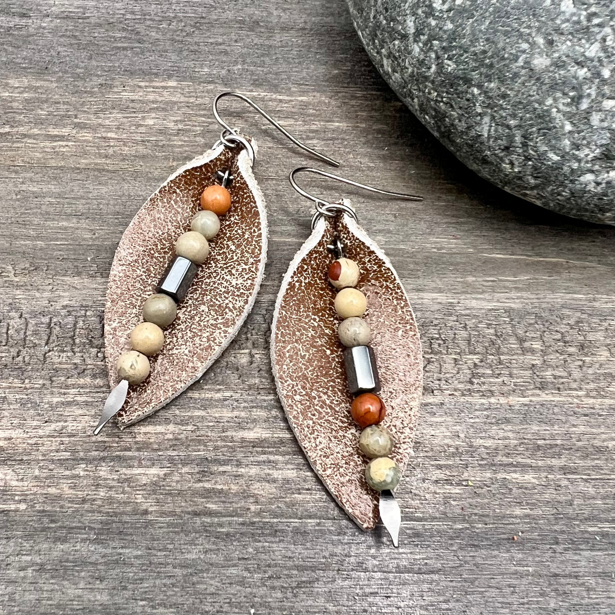 Leather Petal Earrings - Brown with Aqua Terra Jasper
