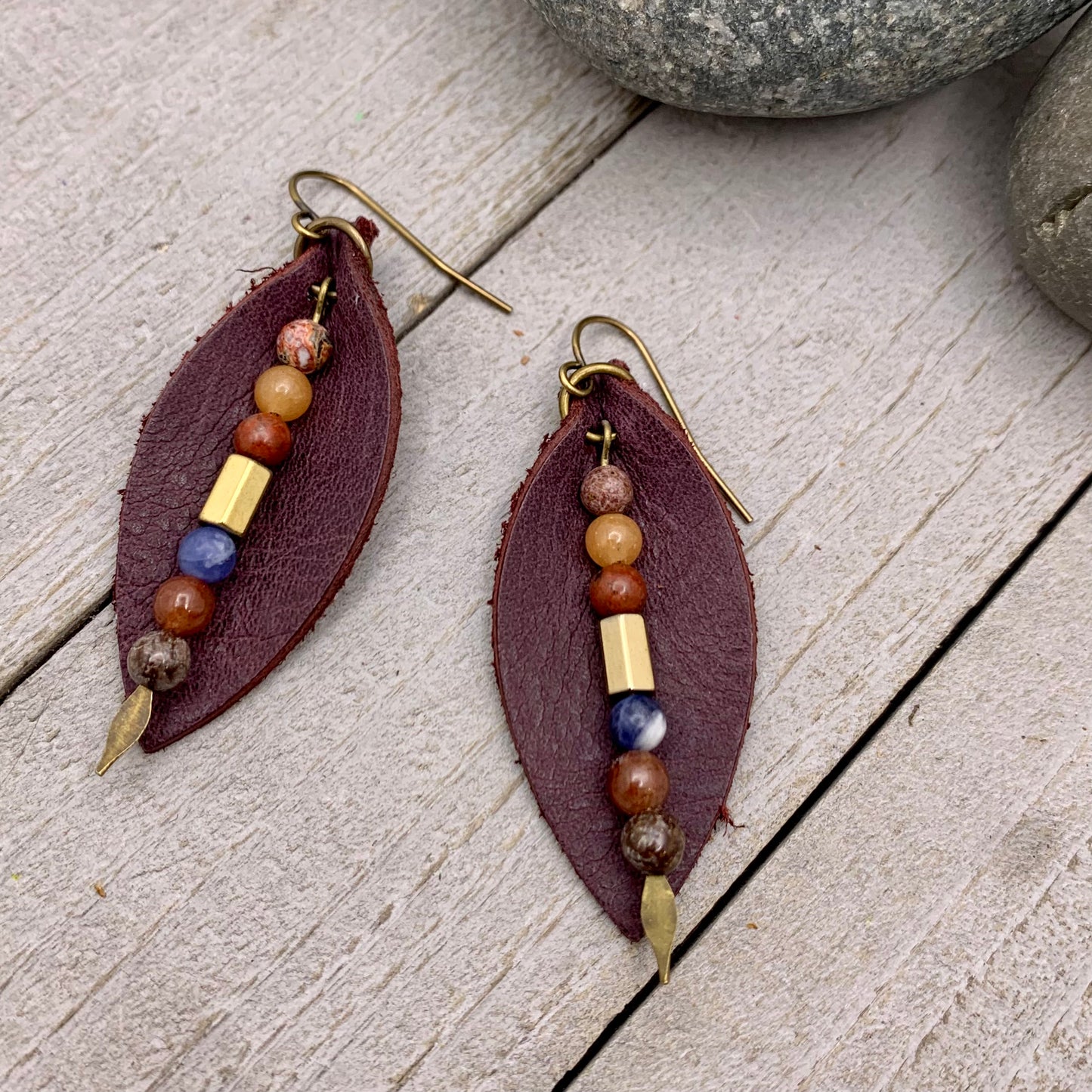 purple leather earrings with jasper bead dangle