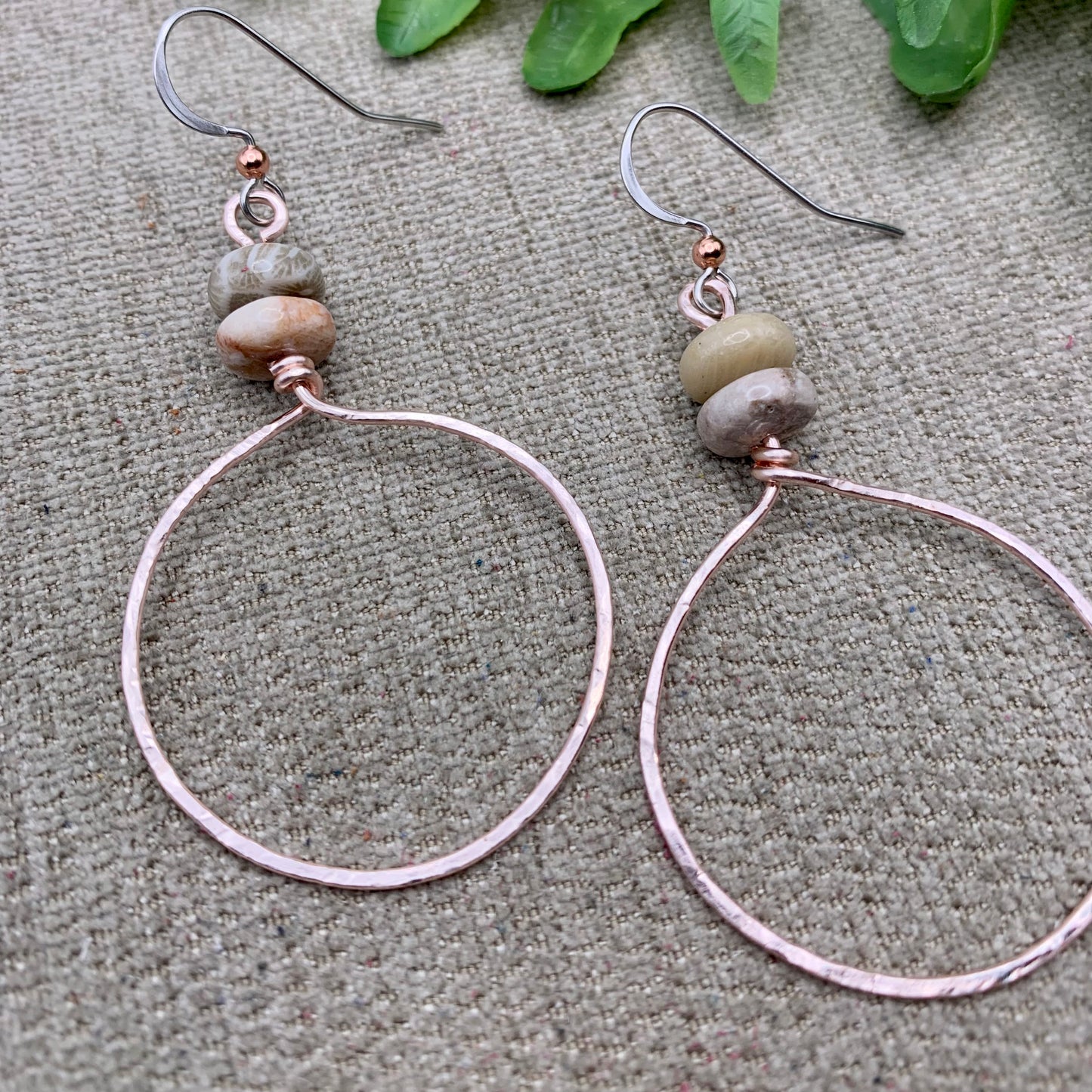 Rose Gold Hammered Hoop Earrings with Fossilized Coral