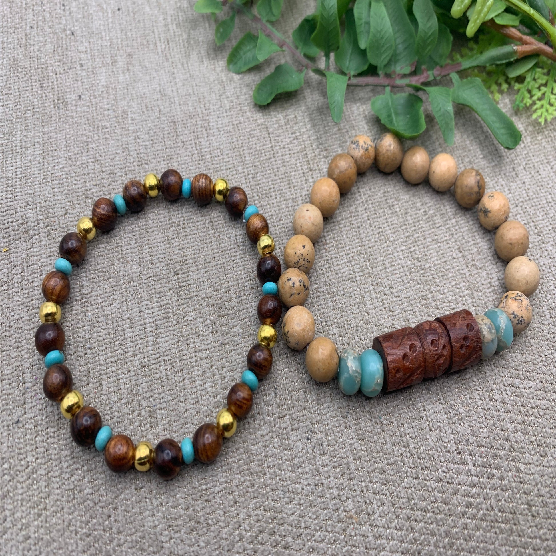 wood bead and jasper bracelets