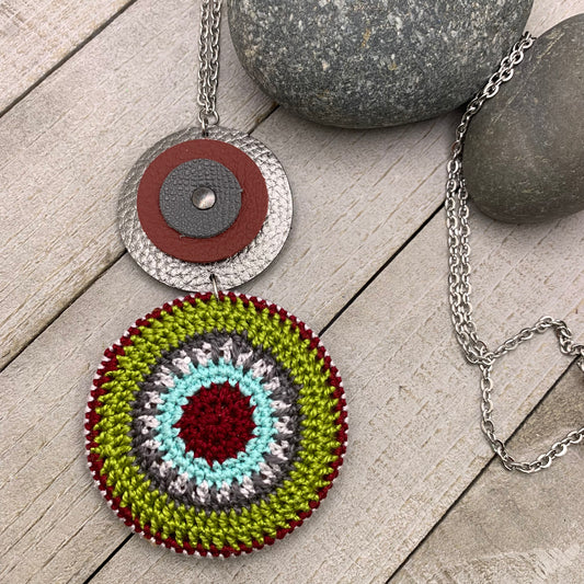 Geometric Crochet and Leather Pendant Necklace