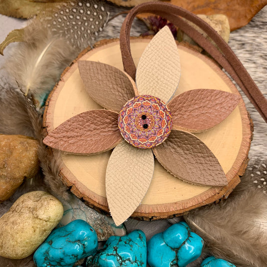 leather flower bag charm with tote loop in shades of soft brown and beige