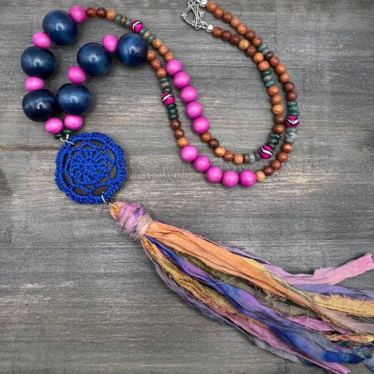 long beaded necklace with crochet and silk tassel necklace