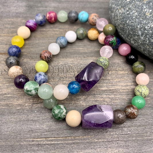 natural stone with anethyst nugget stretch bracelet