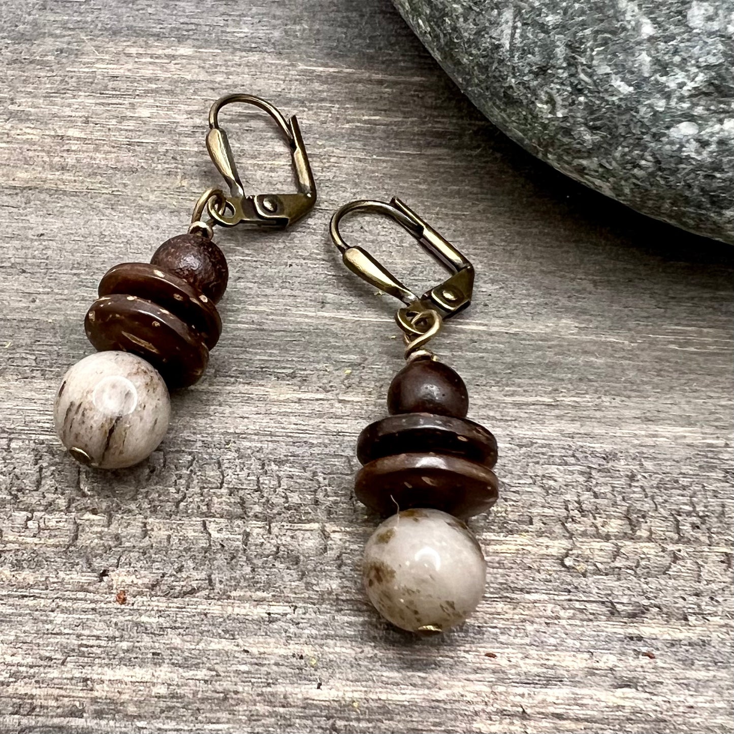 Feldspar and wood bead dangle earrings