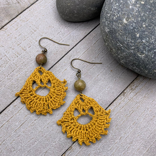 gold crocheted dangle earrings with autumn jasper