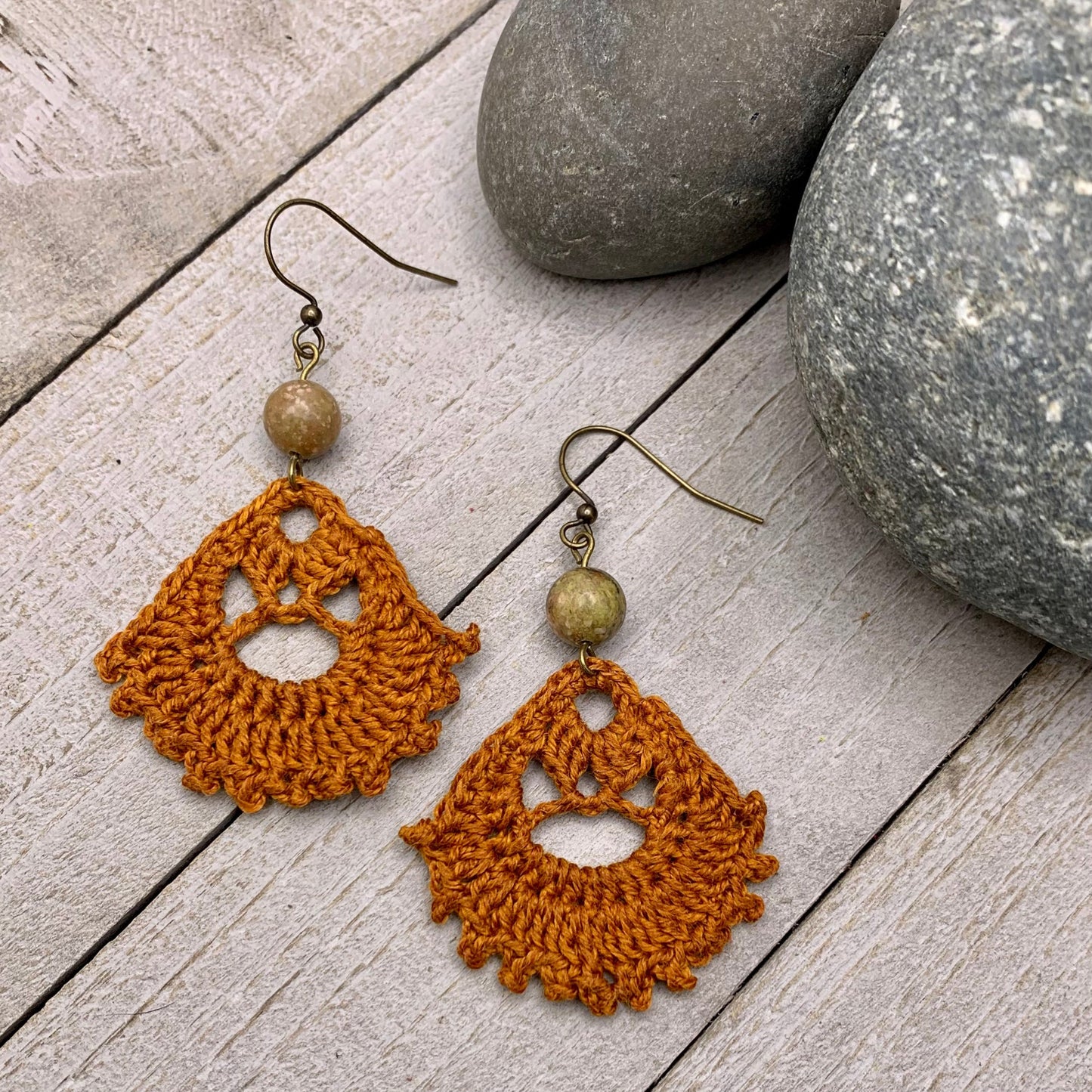 deep orange crocheted earrings with autumn jasper