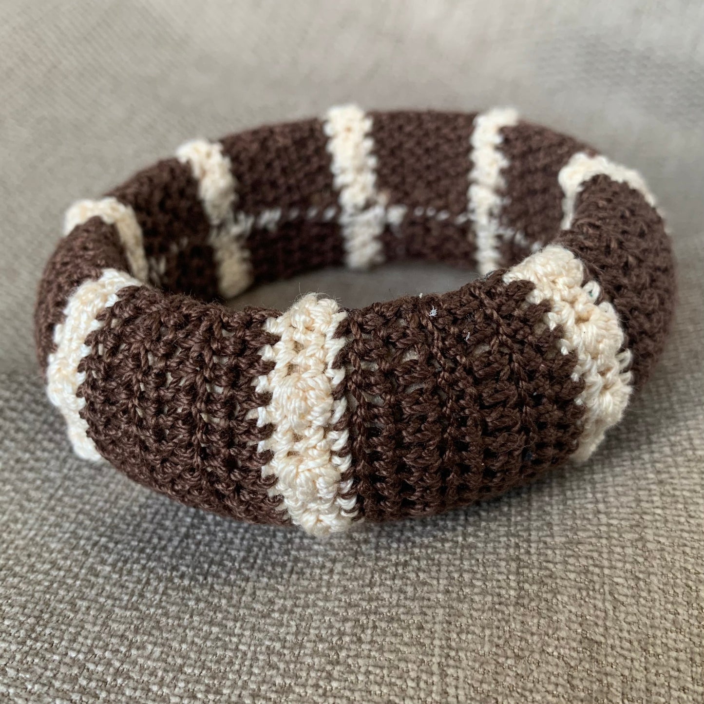crocheted bangle bracelet in brown and cream