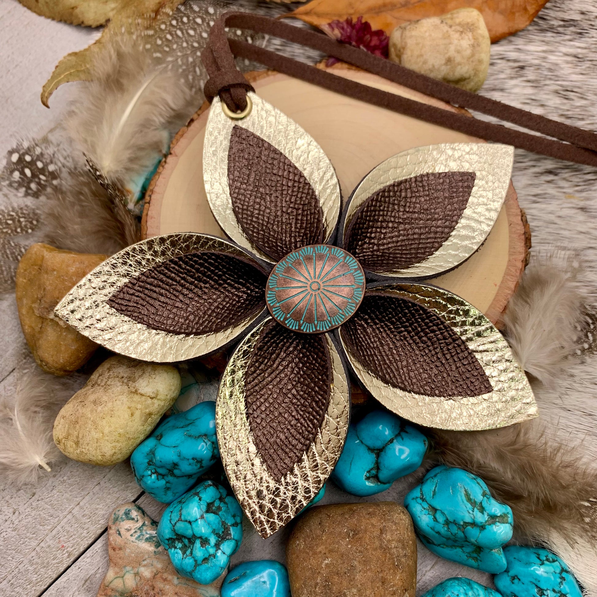 gold and bronze leather flower bag charm