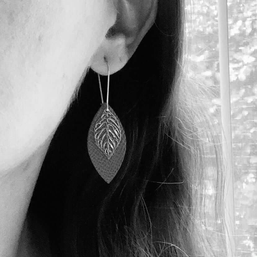 Leather Petal and Leaf Dangle Earrings in Rustic Brown