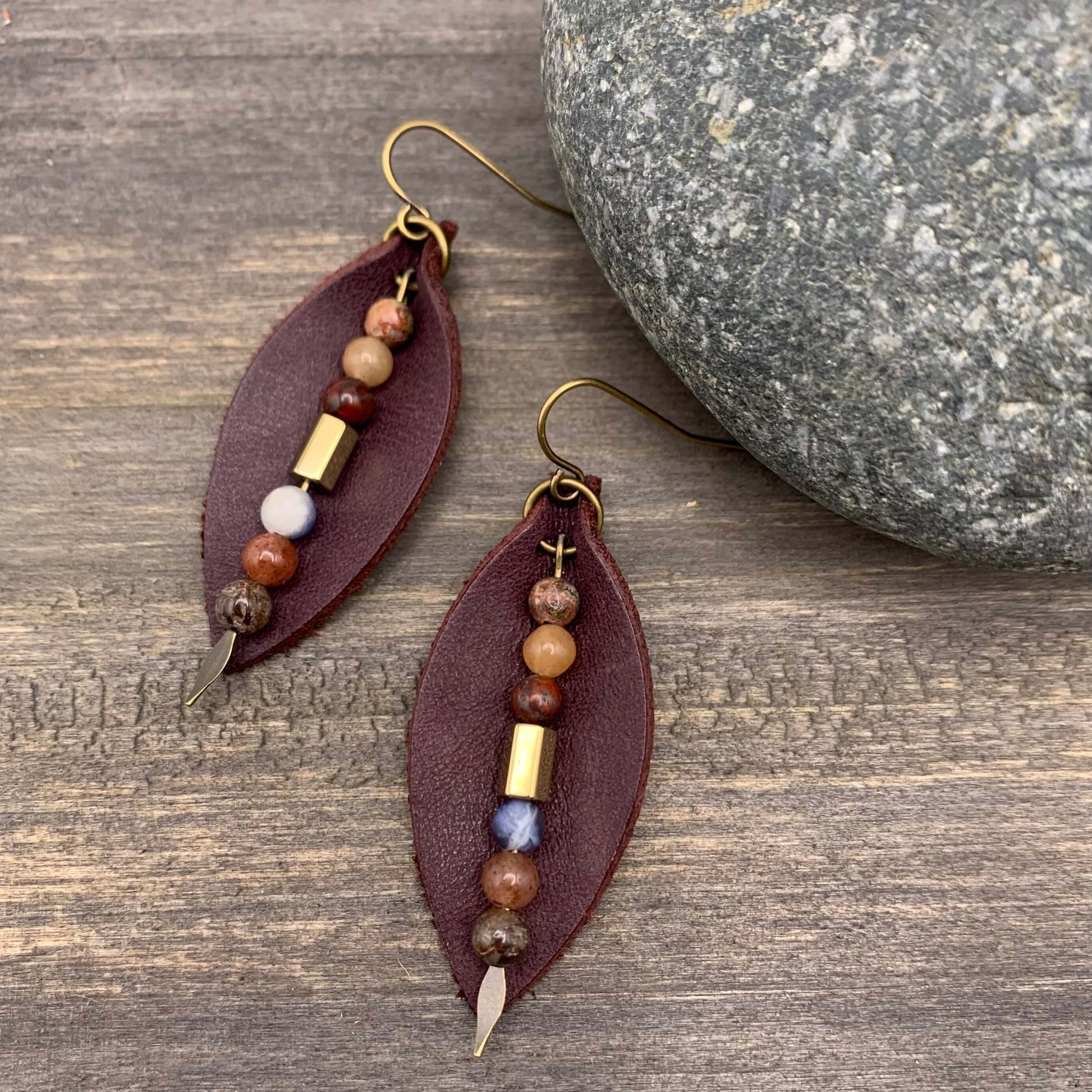 Leather Petal Earrings - Deep Purple with Jasper Dangles