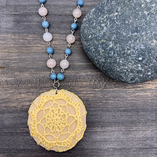 Boho Crochet Pendant Statement Necklace - Medium Pendant in Soft Yellow with Pink Aventurine